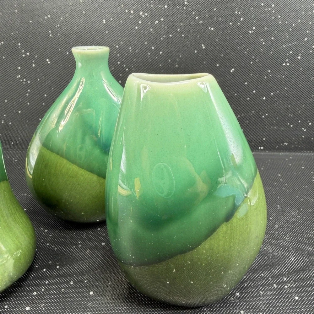 IKEA 3 Piece Bud Vase Set Green Two Tone Glazed Ceramic Organic Shape 4.5 Inch